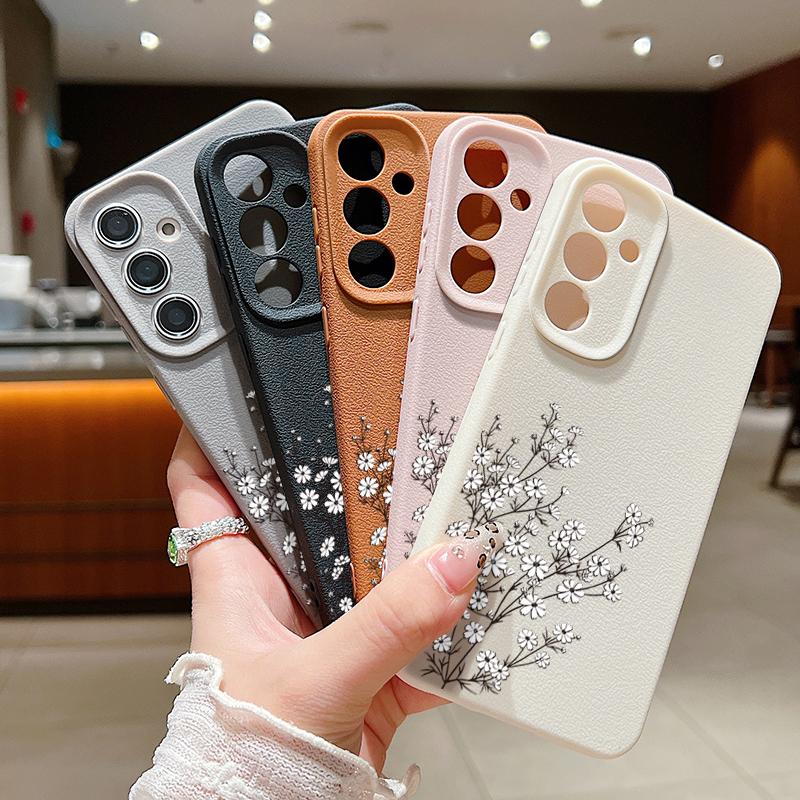 Floral Print TPU Leather Texture Slim Phone Case For Samsung S25 Ultra S24 FE S23 S22 A56 A36 A16 A15 A55 A35 Matte Shockproof Soft Bumper Cover