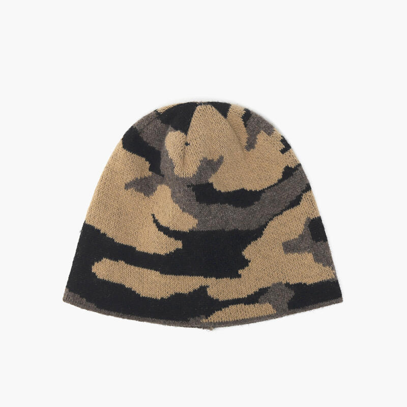 Мужская зимняя шерстяная вязаная шапка-бини с узором C7520_Brown