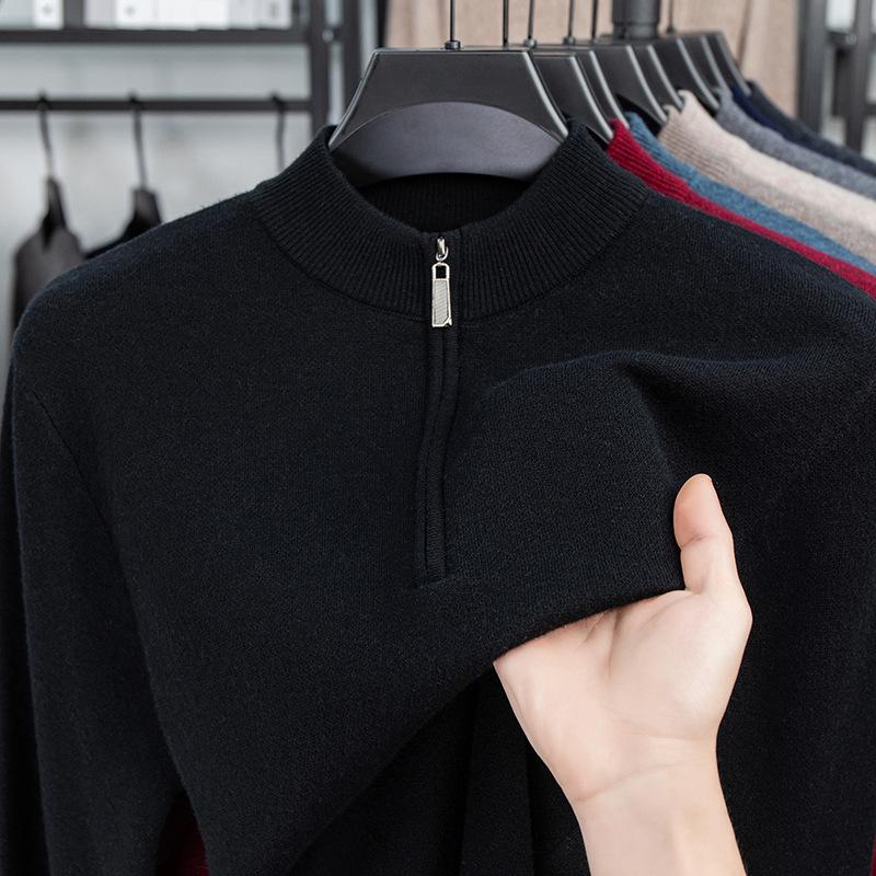 Solid Color 100 Wool Thickened Warm Half Zip Half Turtleneck Pullover Knit Sweater For Men