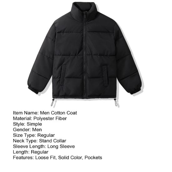 Men Cotton Coat Solid Color Stand Collar Long Sleeve Down Coat with Pockets Winter Thickened Warm Outerwear
