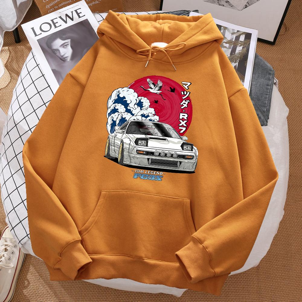 Japanese Car Waves Crane Red Sun Prints Hoody Men Fashion Oversize Sweatshirt Autumn Pocket Warm Hooded Hipster Soft Streetwear