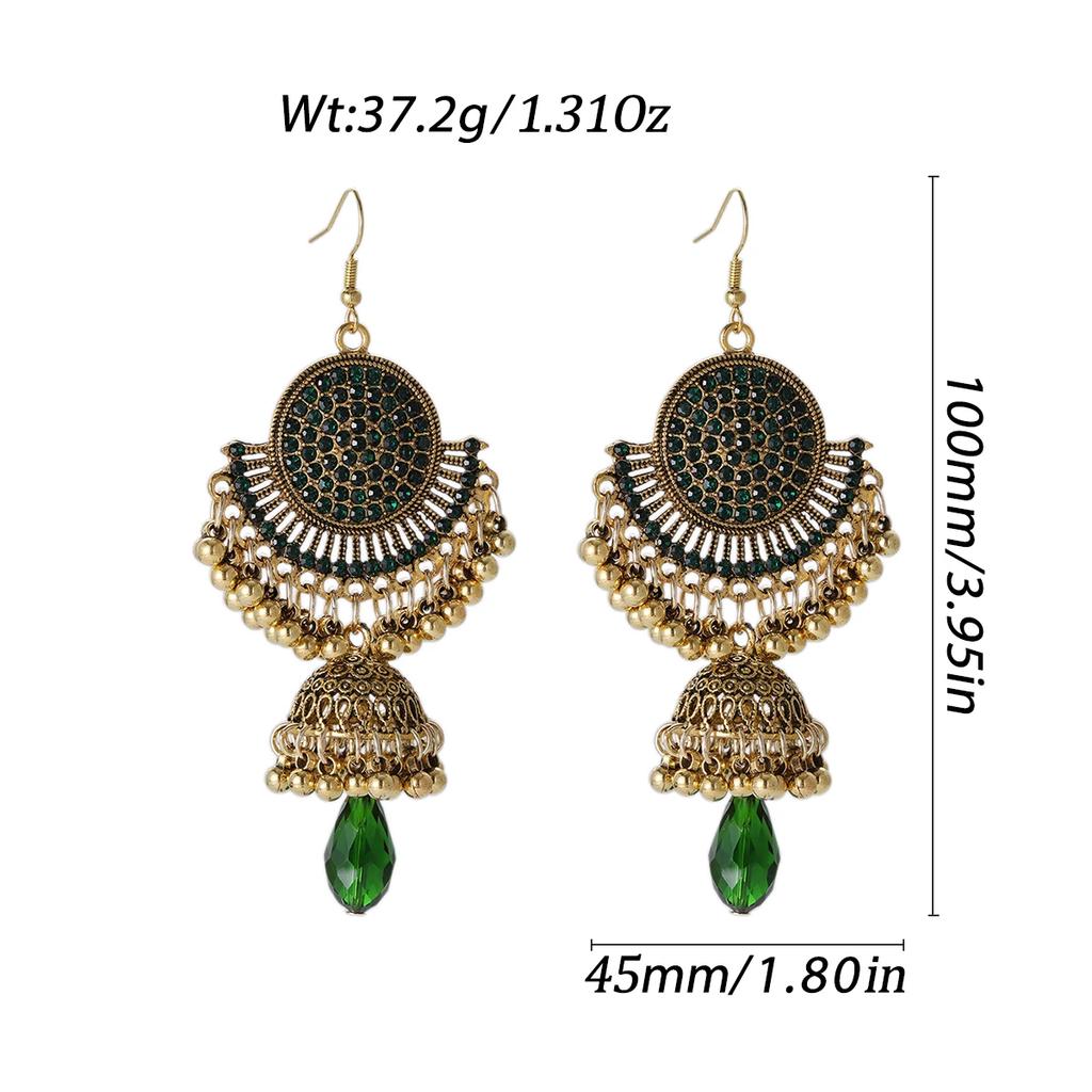 New Vintage Colorful Crystal Earring for Women Luxury Gold Color Round Carved Bell Pendant Earrings Girl Female Boho Jewelry