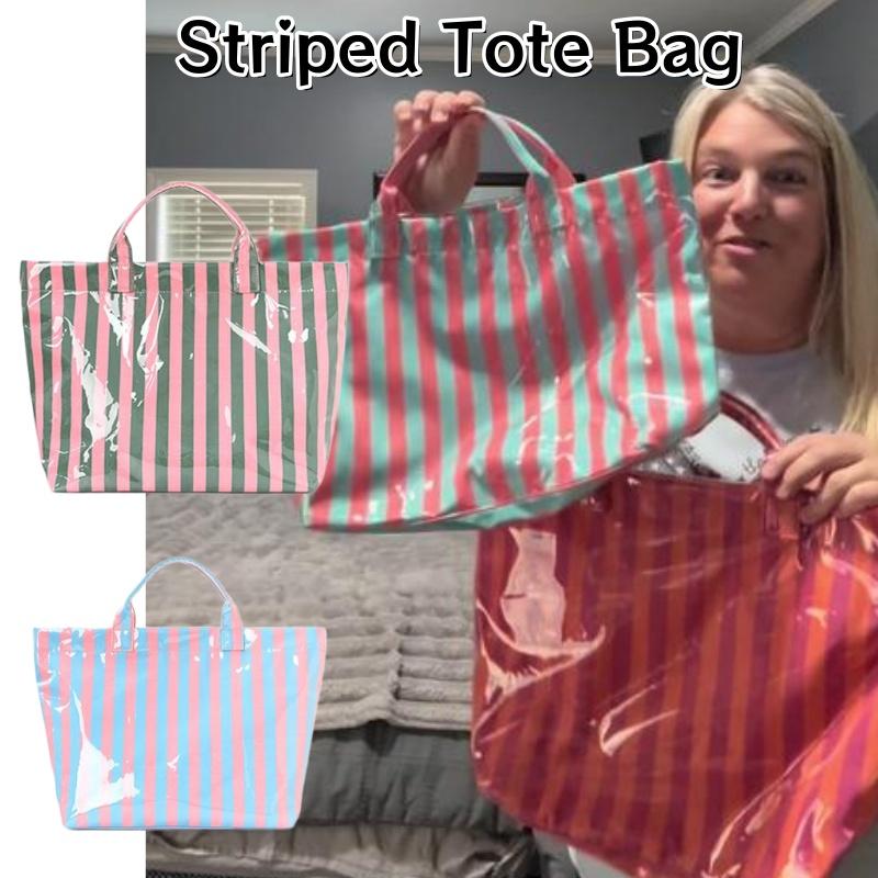 Stylish Striped Pvc Tote Bag Large-capacity Handbag Lightweight Portable Travel Shoulder Bag Casual Waterproof Shopping Bag