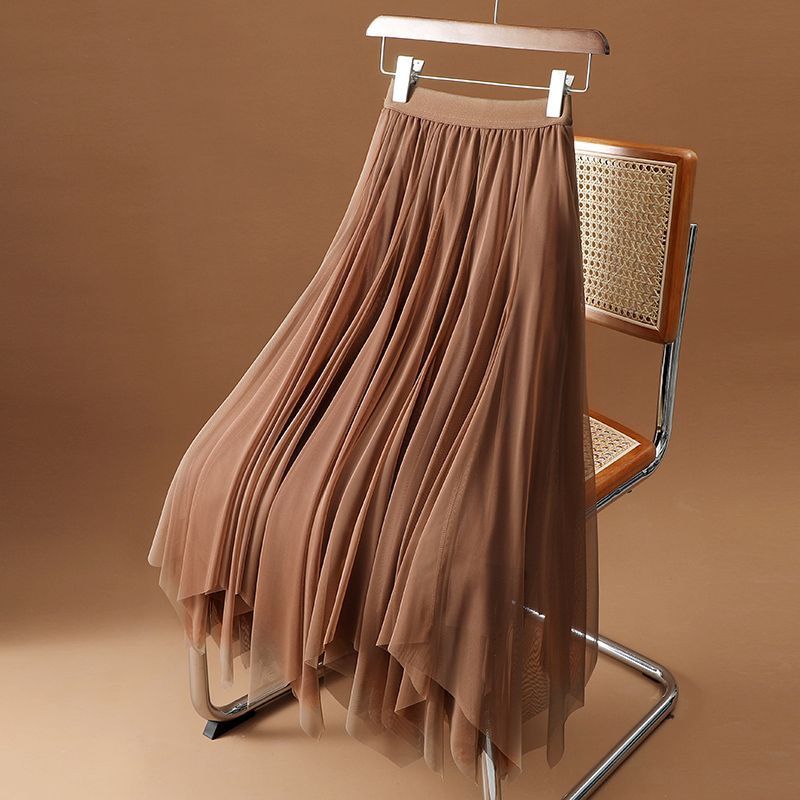 Women's Summer High-Waist Irregular Flowing Sheer Midi Skirt - Elegant Fairycore Long Skirt with Premium Shine