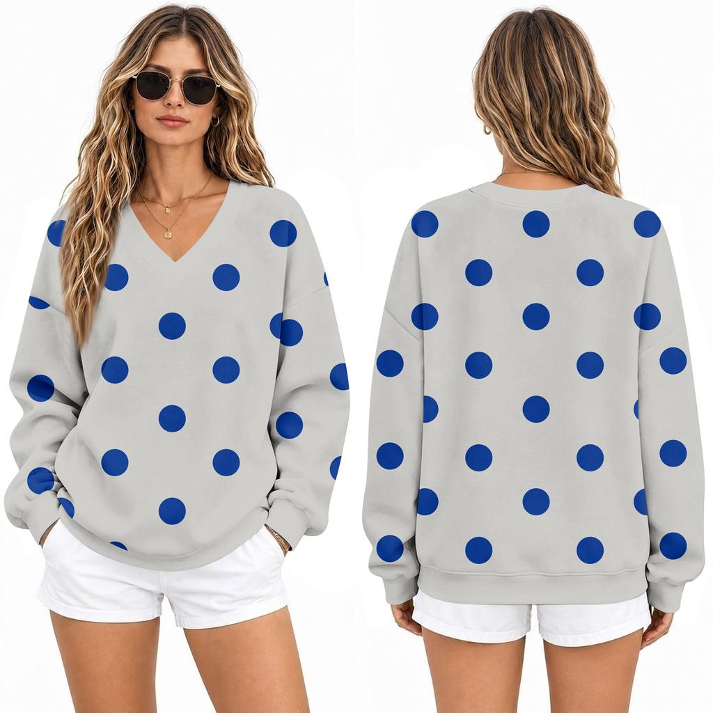 Women's Loose Fit V-Neck Sweatshirt with Polka Dot Print Casual Pullover Top for Everyday Wear