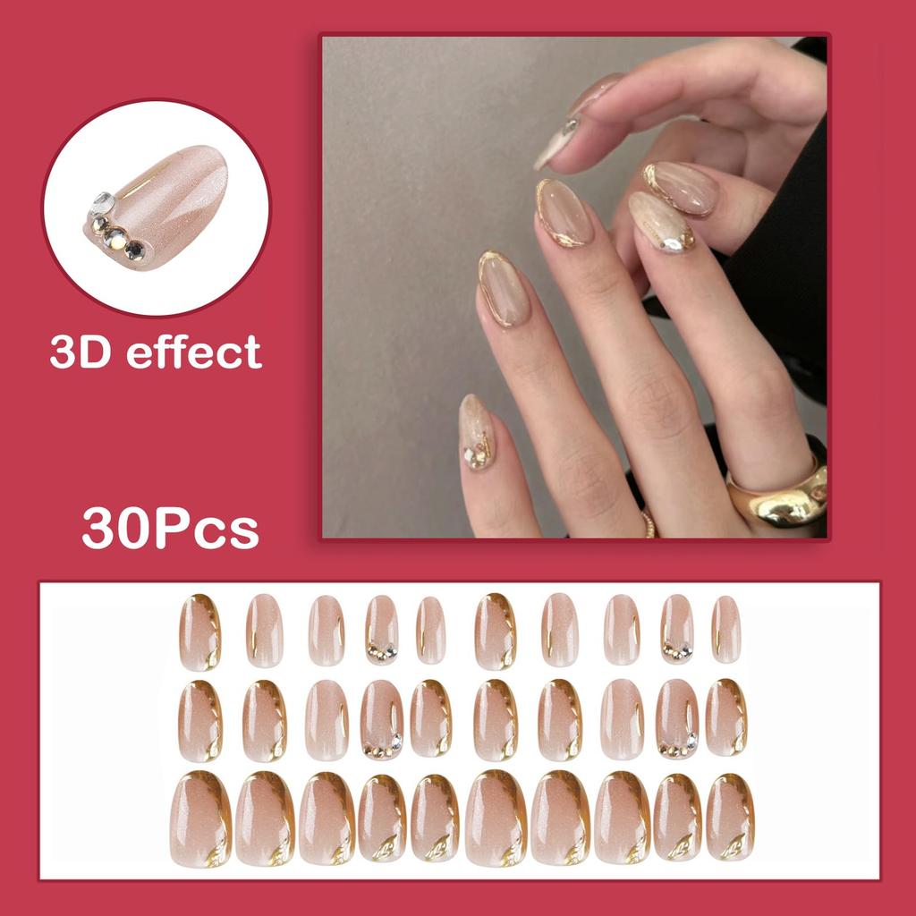 Ongles à Presser Faux Ongles Amande avec Design Ligne Dorée Ongles à Coller Ongles Acryliques Brillant Couverture Complète Ongles à Coller pour Femmes 30 Pièces