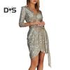 Women Evening Dress V Neck Long Sleeve Shiny Sequin Belted Tight Waist Irregular Hem Solid Color Soft Breathable Pullover Elastic Above Knee Length