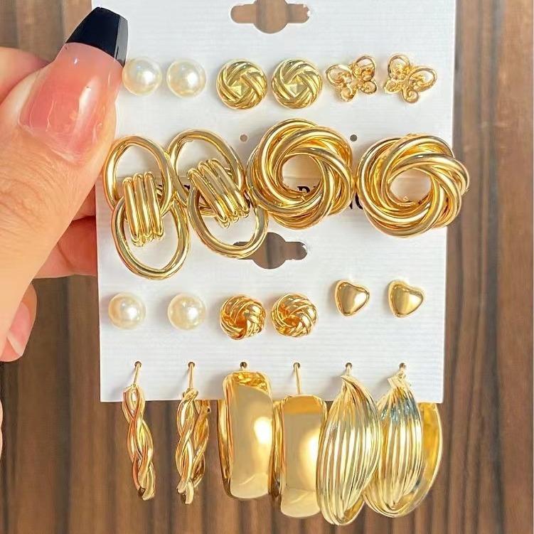 2026 Explosive Earrings Earrings Geometric Square Earrings Retro Pearl Card Set Alloy Earrings Earrings Combination