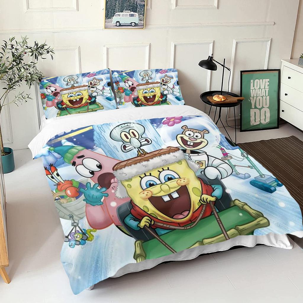 SpongeBob SquarePants Bedding Set Cartoon Duvet Cover Pillowcase for Kids Teens Bedroom Home Decor Christmas 2/3Pcs