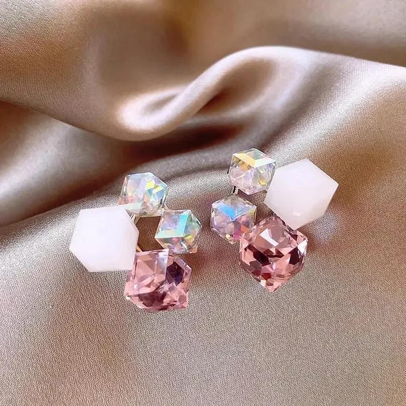 Pink Crystal Geometric Cube Square 3D Fantasy Gradient Candy Stud Earring for Women Simple Personality Jewelry Girl Gift