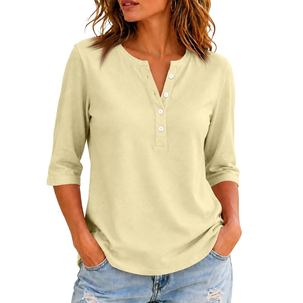 Women's Casual Color V-Neck Three-Quarter Sleeve Button T-Shirt Top