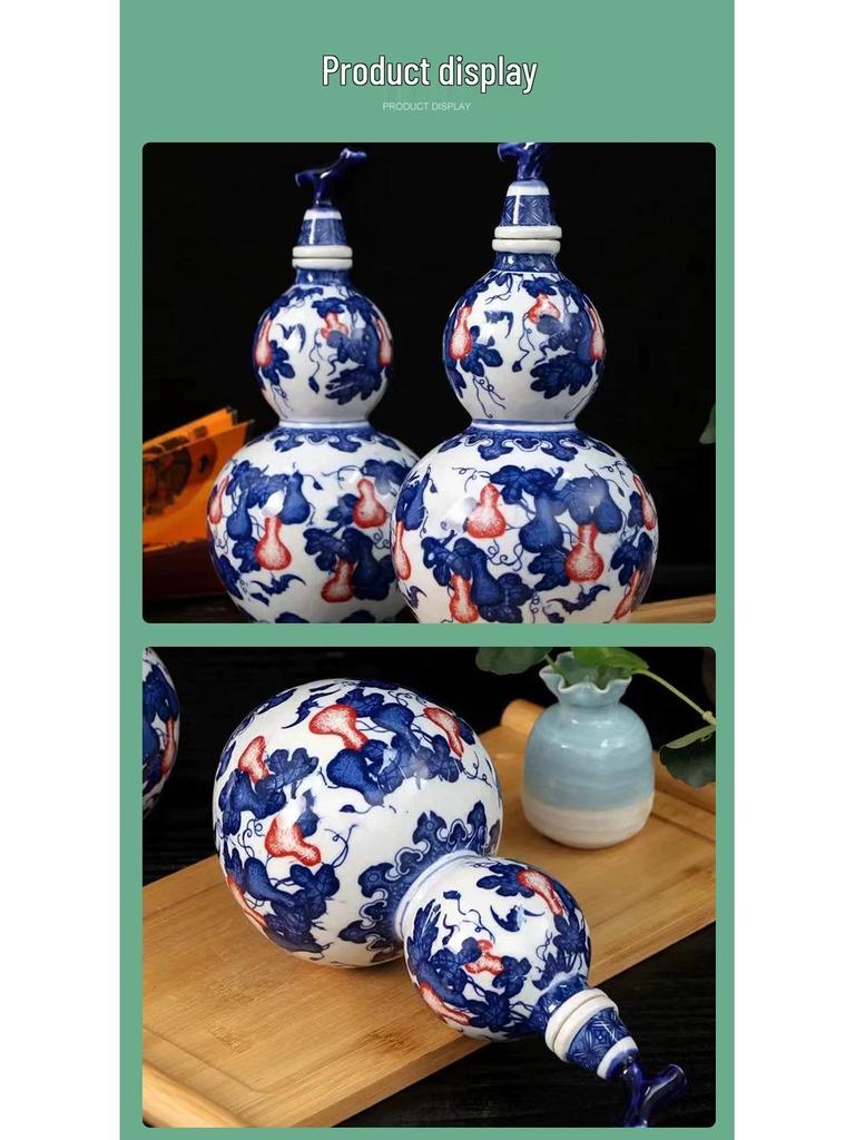 Jingdezhen Blue & White Gourd Vase: Ceramic Underglaze Red Wine, Oil, Vinegar Pot & Double-Layer Storage Jar Ornament.