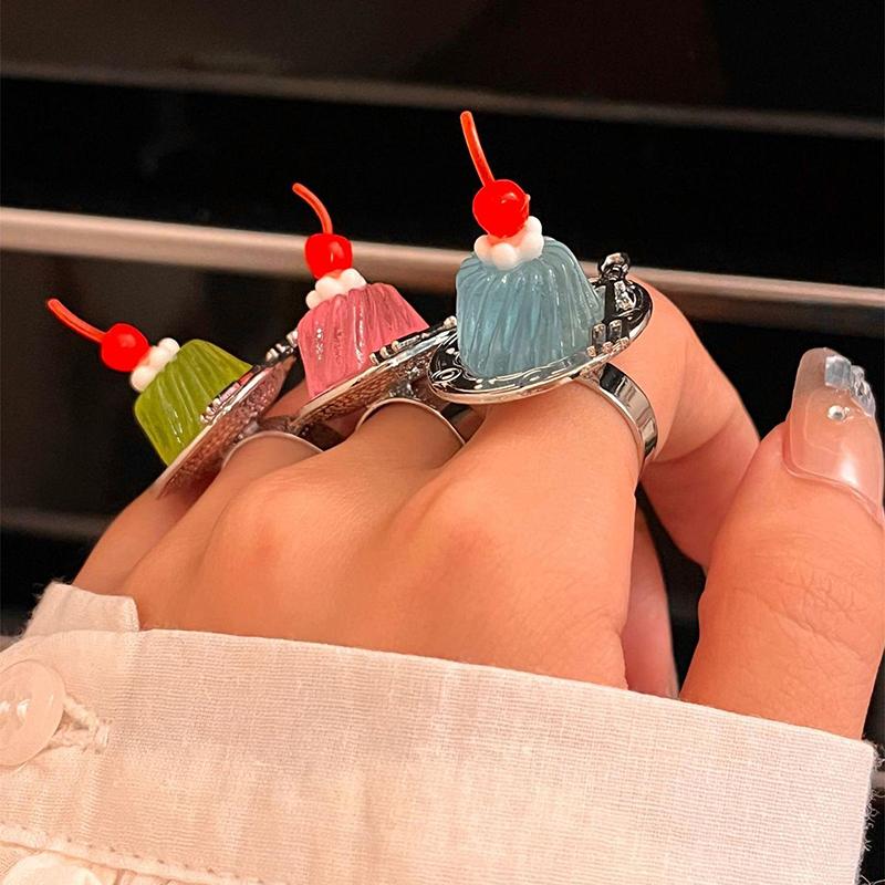 Creative Strawberry Mousse Cake Rings Jelly Pudding Ice Cream Cherry Fruit Ring Exaggerated Vintage Chunky Girls Finger Rings