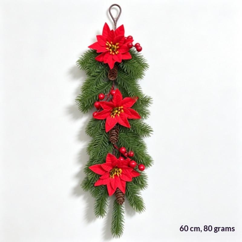 Christmas Teardrop Swag Wreath Artificial Poinsettia Pine Cone Red Berry Hanging Garland For Front Door Wall Home Xmas Decor