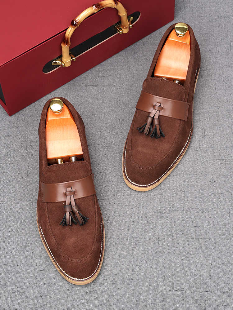 Fashion Fashion New Men's Pointed Tassels Suede Genuine Leather Flats Shoes Designer Male Homecoming Wedding Dress Footwear