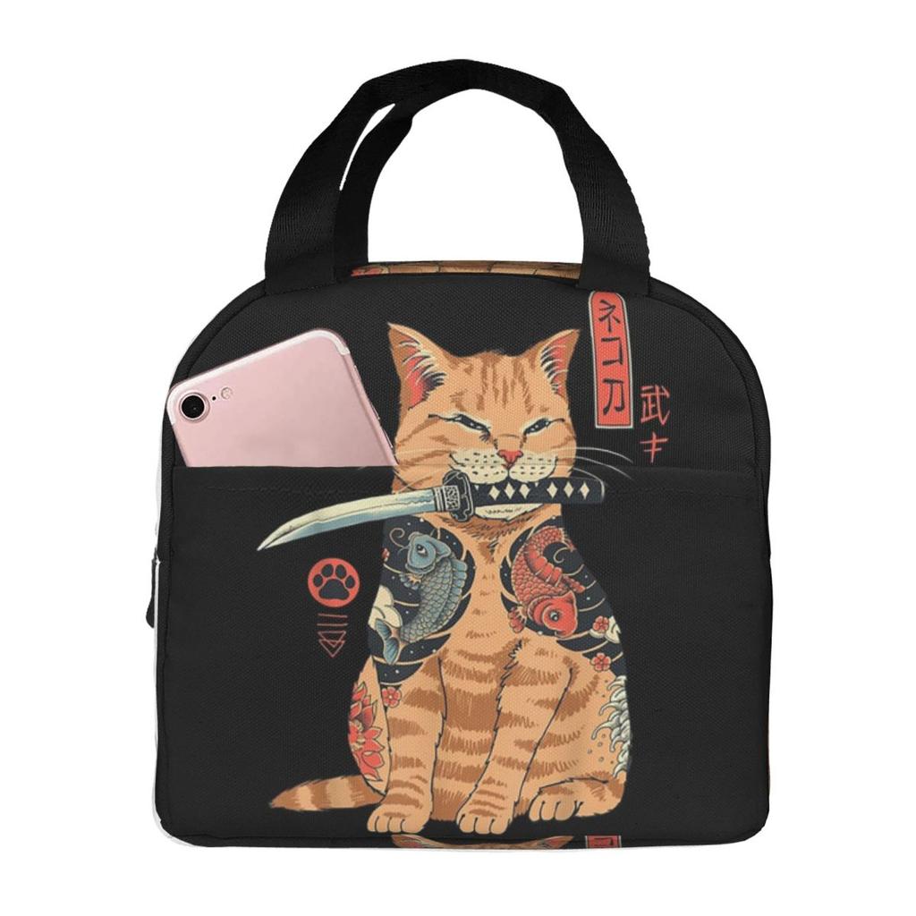 Neko Japoński Kot Shinobi Izolowana Torba na Lunch dla Kobiet Dzieci Przenośne Pojemniki na Jedzenie Termiczny Lunchbox Torba