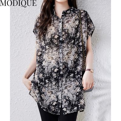 MODIQUE Summer Plus Size New Women Loose Vintage Chiffon Thin Floral Blouse Shirts Coats Female Casual Oversize Short Sleeve V-Neck Top T-Shirt