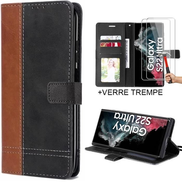 Lot 2 Verres Trempés + Coque pour Samsung S22 Ultra - Anti-Choc Protection 360° Marron