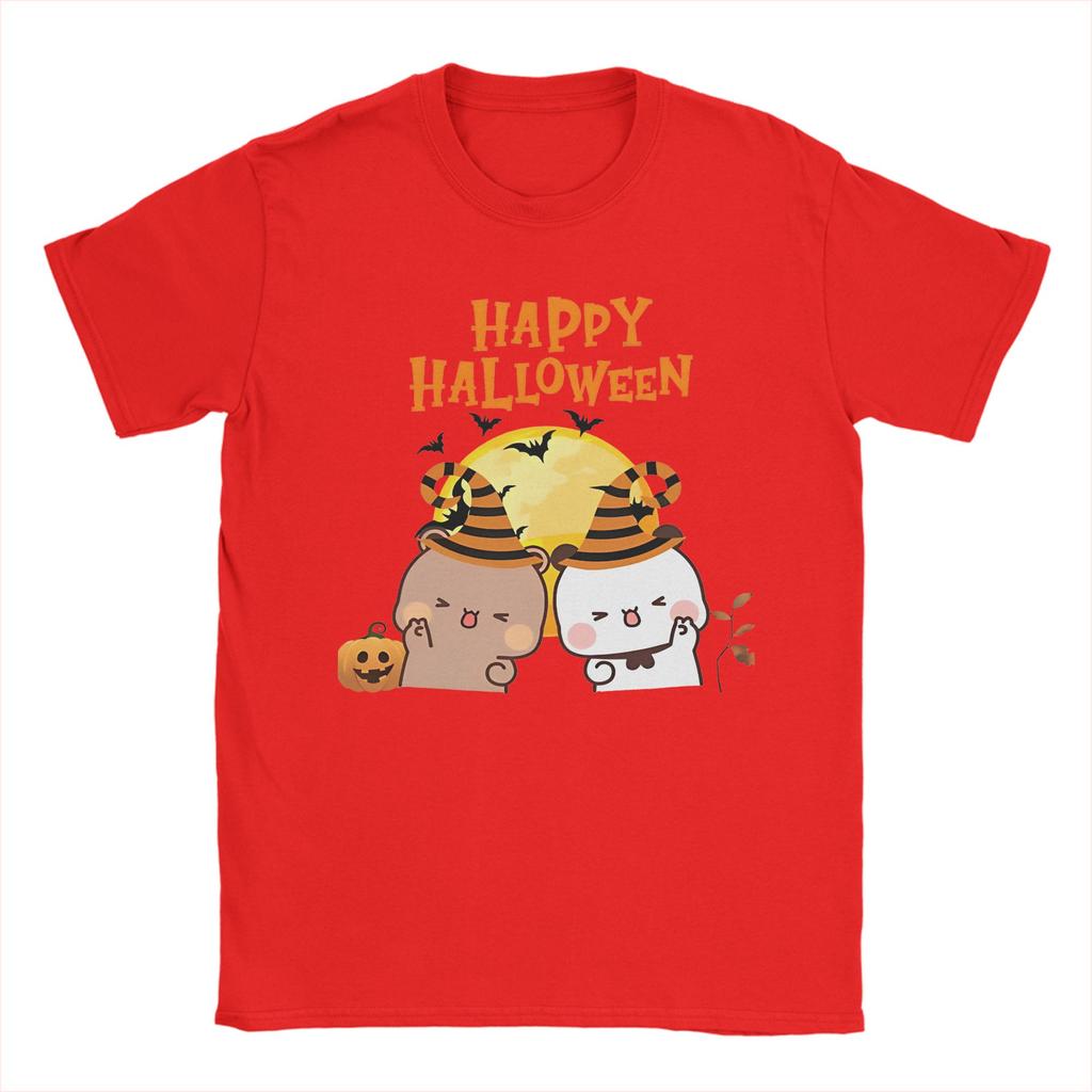 DuDu Bear and BuBu Panda Halloween T Shirt Men's Cotton Tops Aesthetic Kawaii Round Neck Short Sleeve