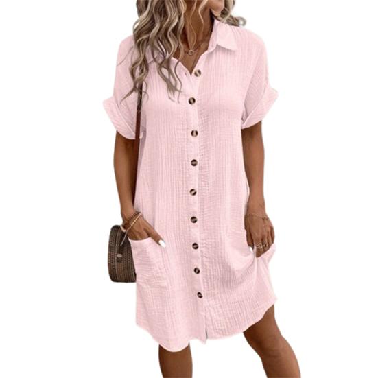 Women's Summer Midi Dress POLO-Neck Short Sleeve Button Knee-Length Dress Loose Shirt Dress