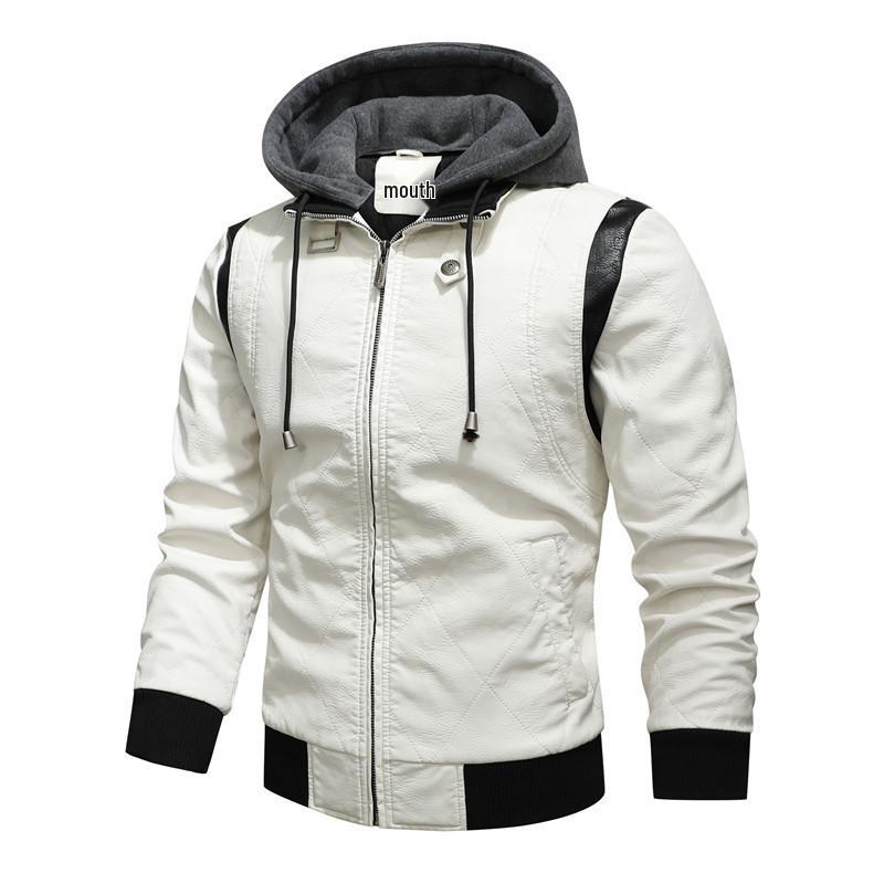 2021 Men's Fashion Hooded Embroidered Leather Motorcycle Jacket, Autumn/Winter Outerwear