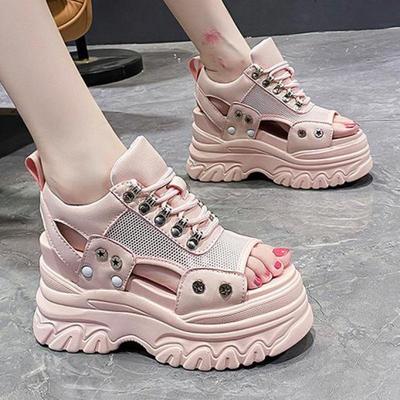Women Summer Pink Platform Sandals Thick Bottom Breathable Mesh Wedge High Heels 8cm Comfort Fish Mouth