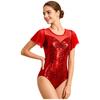 Women Stage Performance Leotard Metallic Mesh Patchwork Flutter Sleeve Ruched Front Cross U Back Ballet Dance Bodysuit