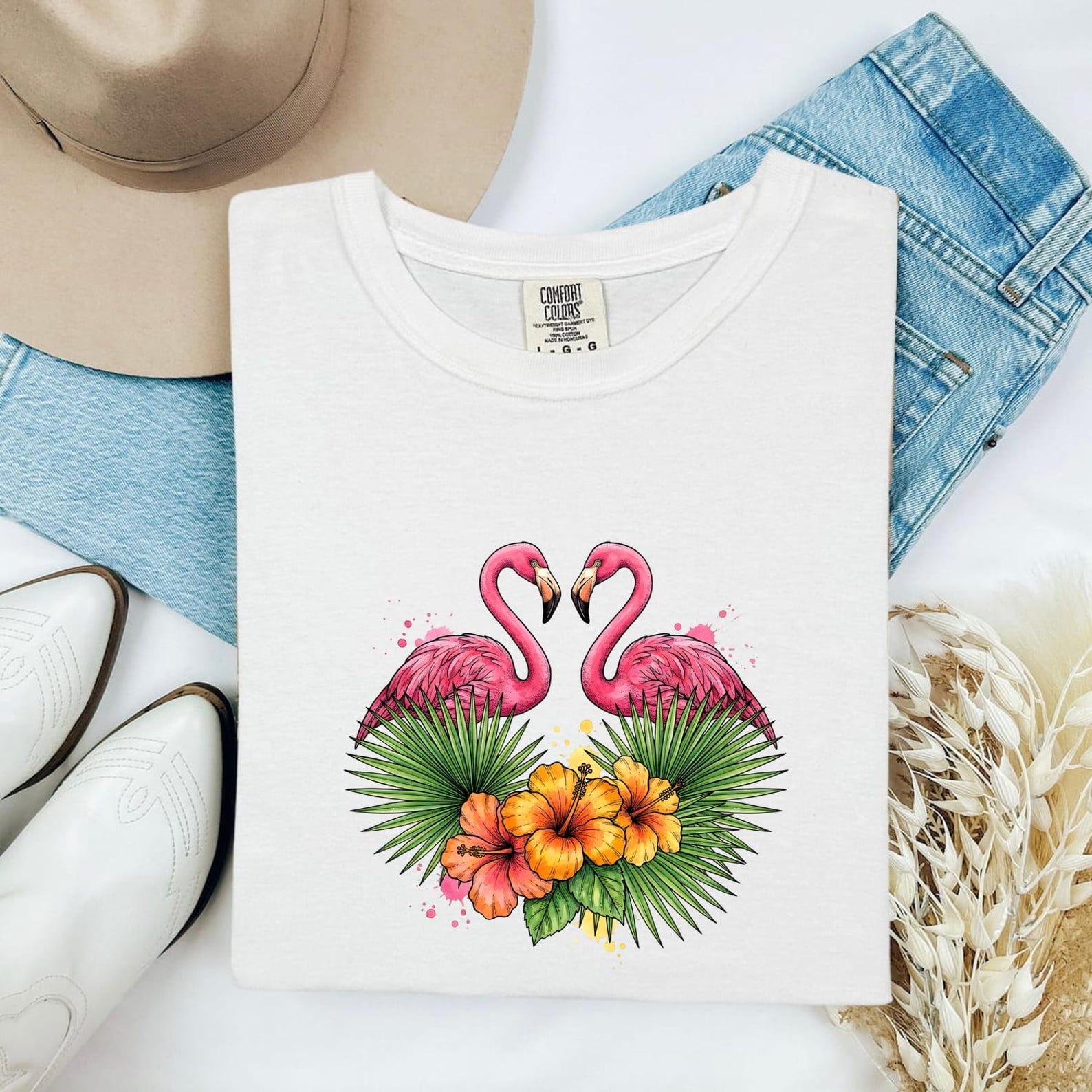 Flamingo Art Shirt Animals & Flowers Rainforest Gift Women Brushwork Tee Pink Flamingo T-Shirt Floral Fan Watercolor Tshirt Jungle Graphic S