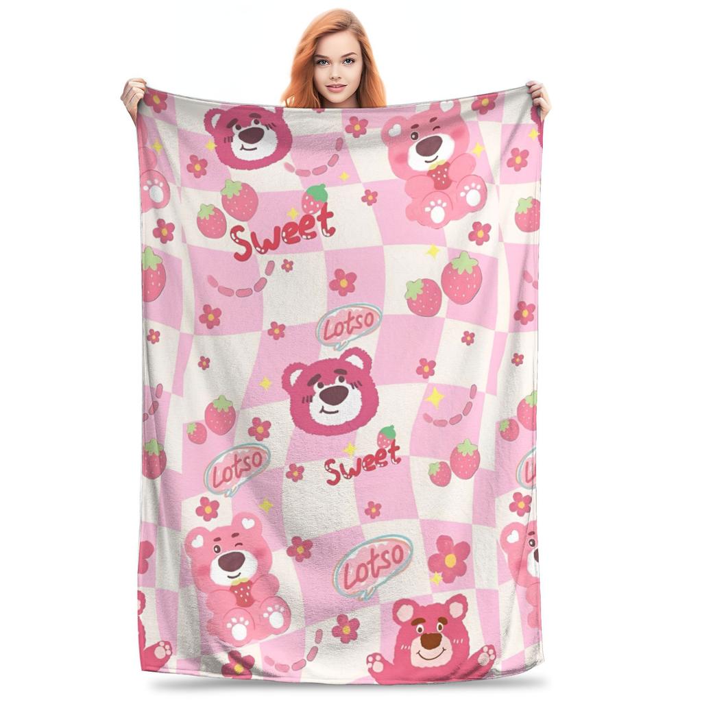 Super Soft Lotso Strawberry Bear Throw Blanket Premium Flannel Fleece Lightweight Bed Blanket Super Cozy Blankets All Season Use
