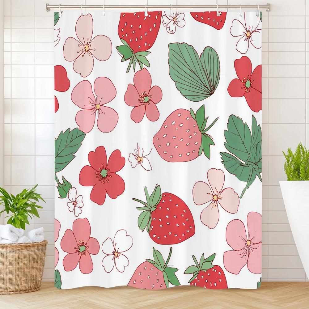 Small Fresh Fruit Strawberries Printed Shower Curtain Bathroom Curtain,Hanging Curtain With 12 Hooks Decoration Machine Washable