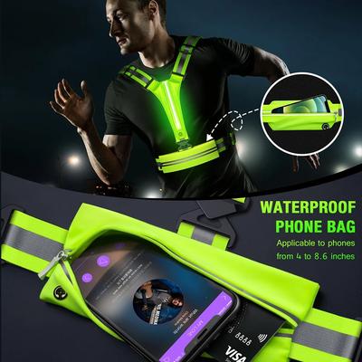 LED Reflective Running Vest USB Charging Glowing Safety Running Vest with Waterproof Phone Bag for Night Walking Cycling Running