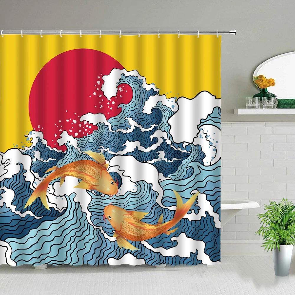 Modern Chinese Style Koi Fish Scenery Shower Curtain Bathroom Screen Waterproof Fabric Background Wall Decor Hanging Curtains