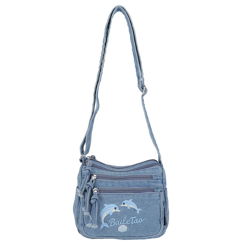 Vintage Denimtasche Damen Mehrschichtig Kleine Tasche Bestickt Schulter Crossbody-Tasche