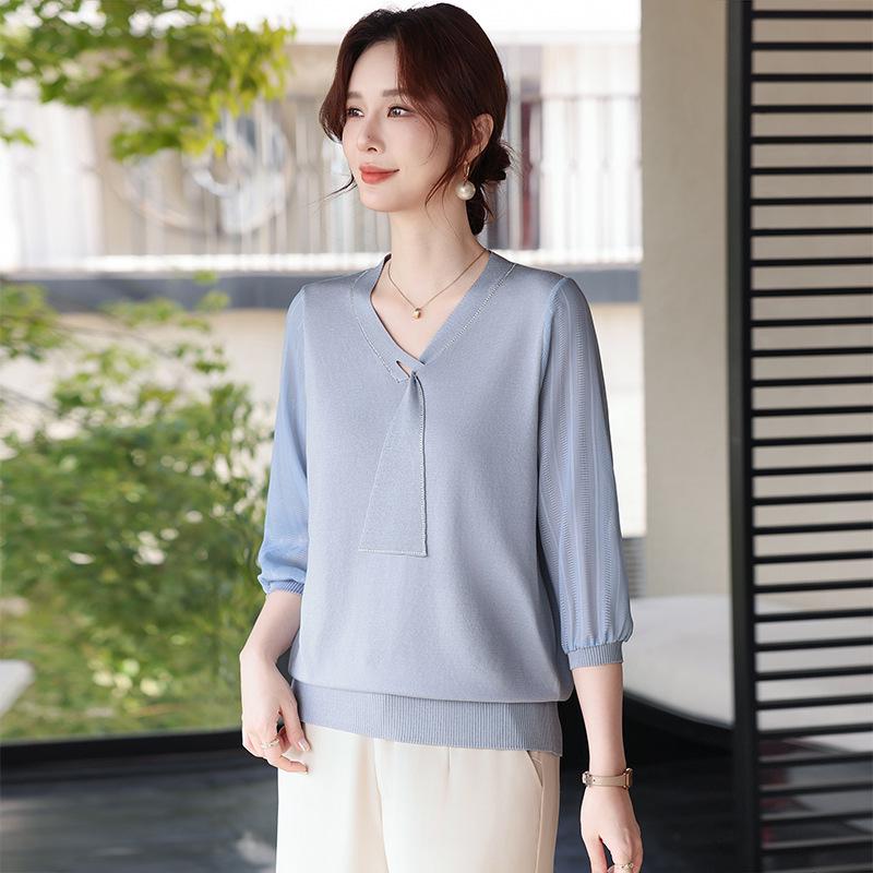

Stylish Spring & Autumn Knit T-Shirt for Middle-aged Women with Flowing Ribbon 2XL [recommended 120-140 lbs]