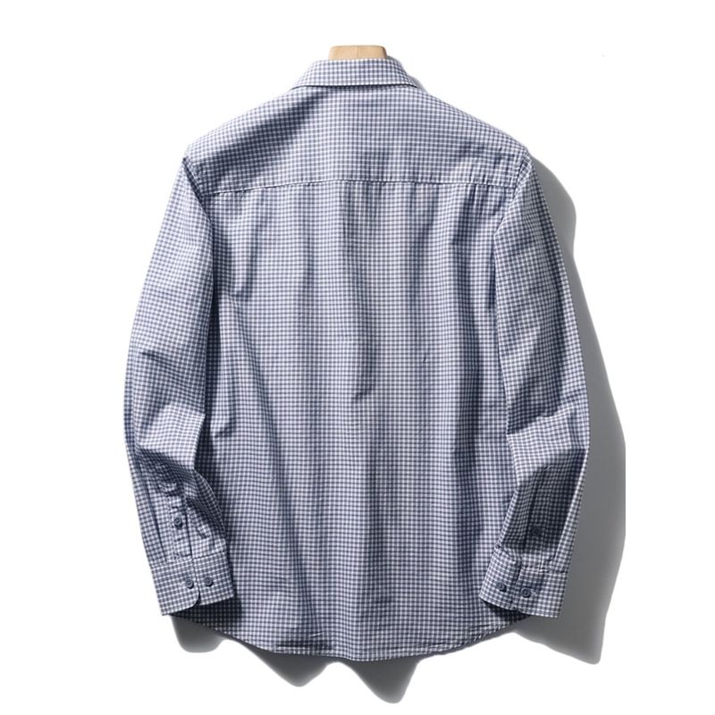 Japanese-Style Retro Pure Cotton Blue Small Plaid Shirt Men's Spring & Fall Long Sleeve Inner Wear Export Cattle Goods Cotton Non-Ironing Shirt