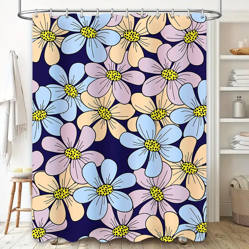 Vibrant Floral Shower Curtain Set for Bathroom Decor Modern Blue Purple Yellow Design 180x240cm with Hooks Included.