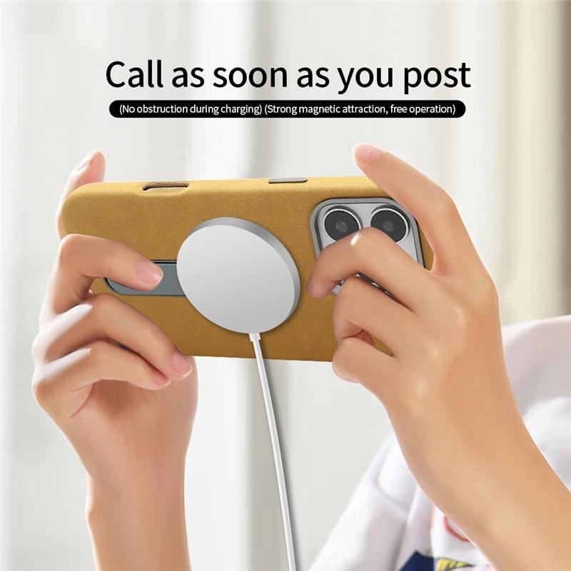 Premium Leather Magnetic Attraction Case For iPhone 15 16 Pro Max 360 Hidden Metal Phone Holder Business Suede Kickstand Cover