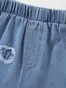 Single-piece girls' denim shorts, slim fit, Korean style, fashionable and versatile, heart-patterned frayed hem, blue elastic waistband.