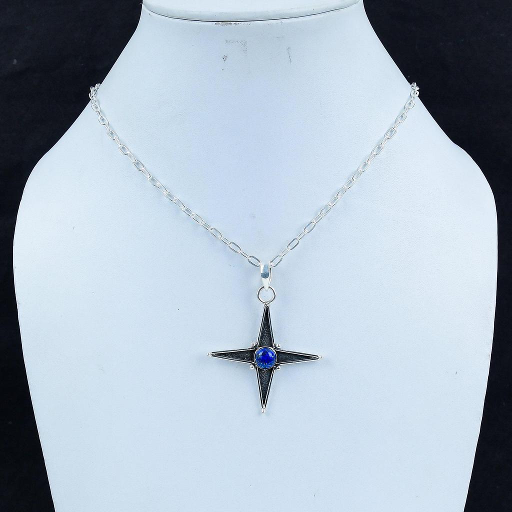 Natürlicher Lapislazuli Edelstein Silberanhänger in 925 Sterlingsilber - Handgefertigtes Sterndesign, Alltagsschmuck, Einzigartiger handwerklicher Designanhänger Geschenk