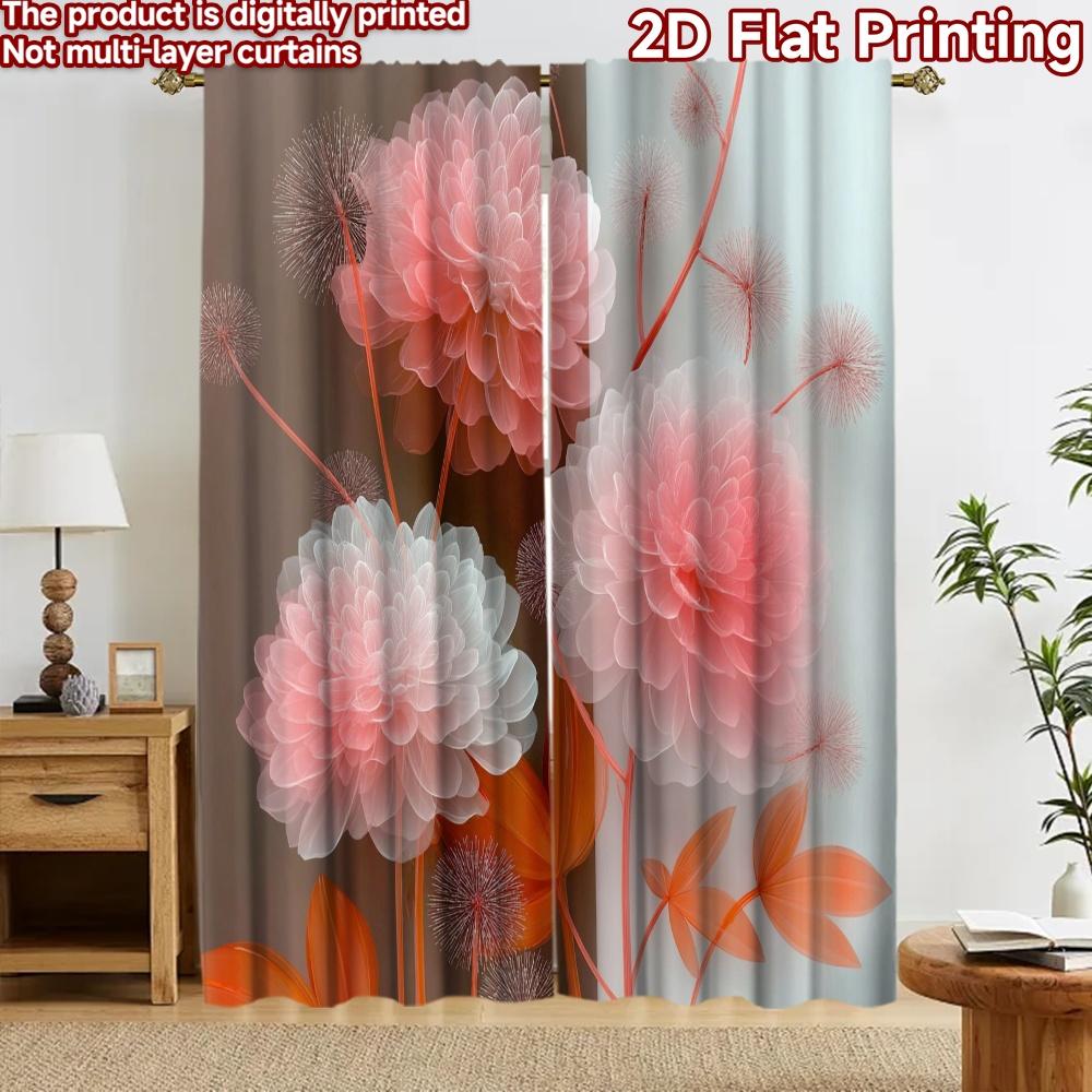 2D flat printing 2pcs Curtain Scene Curtain Elegant Pink Flowers Digital Printed Polyester Drapes Party Decorations for Holiday