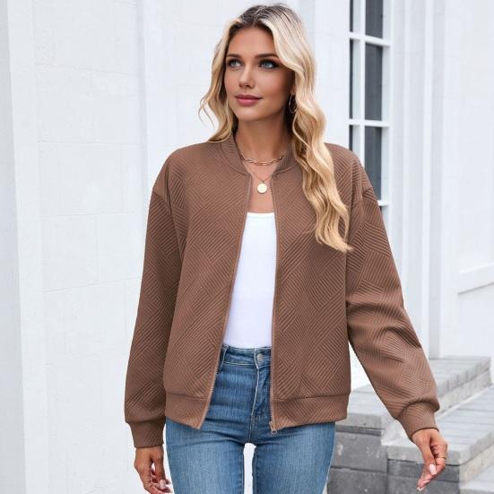 Women Coat Stand Collar Long Sleeve Zipper Closure Baseball Jacket with