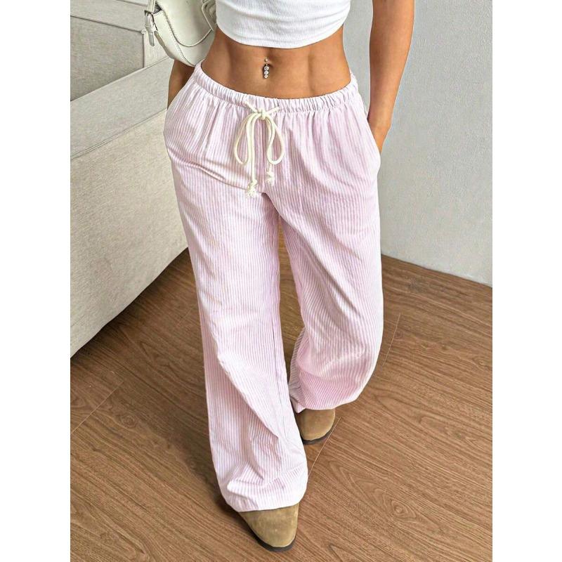 Damen Elastische Taille Gestreifte Weite Hosen Kordelzug Lässige Sommerhosen