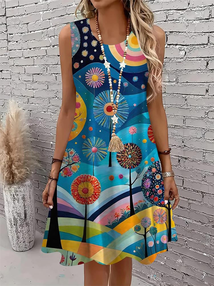 Lässiges Damen Tanktop-Kleid Sommer Ärmellos O-Ausschnitt 3D-Druck Locker A-Linien-Kleid Strand-Westenkleid