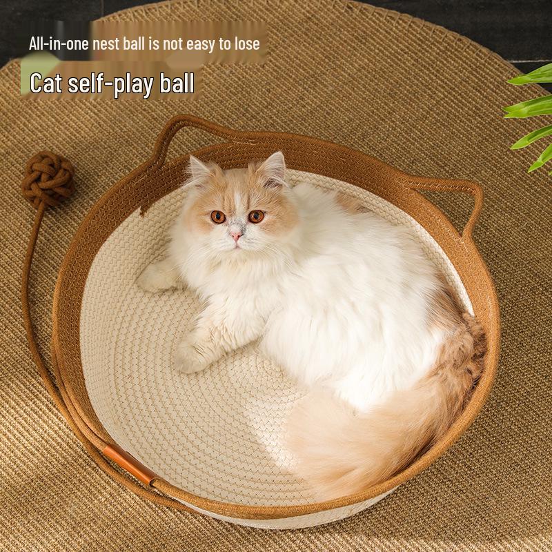 Hand-Woven Round Rattan Pet Bed - Japanese Cattail Cool Mat for Cats and Dogs