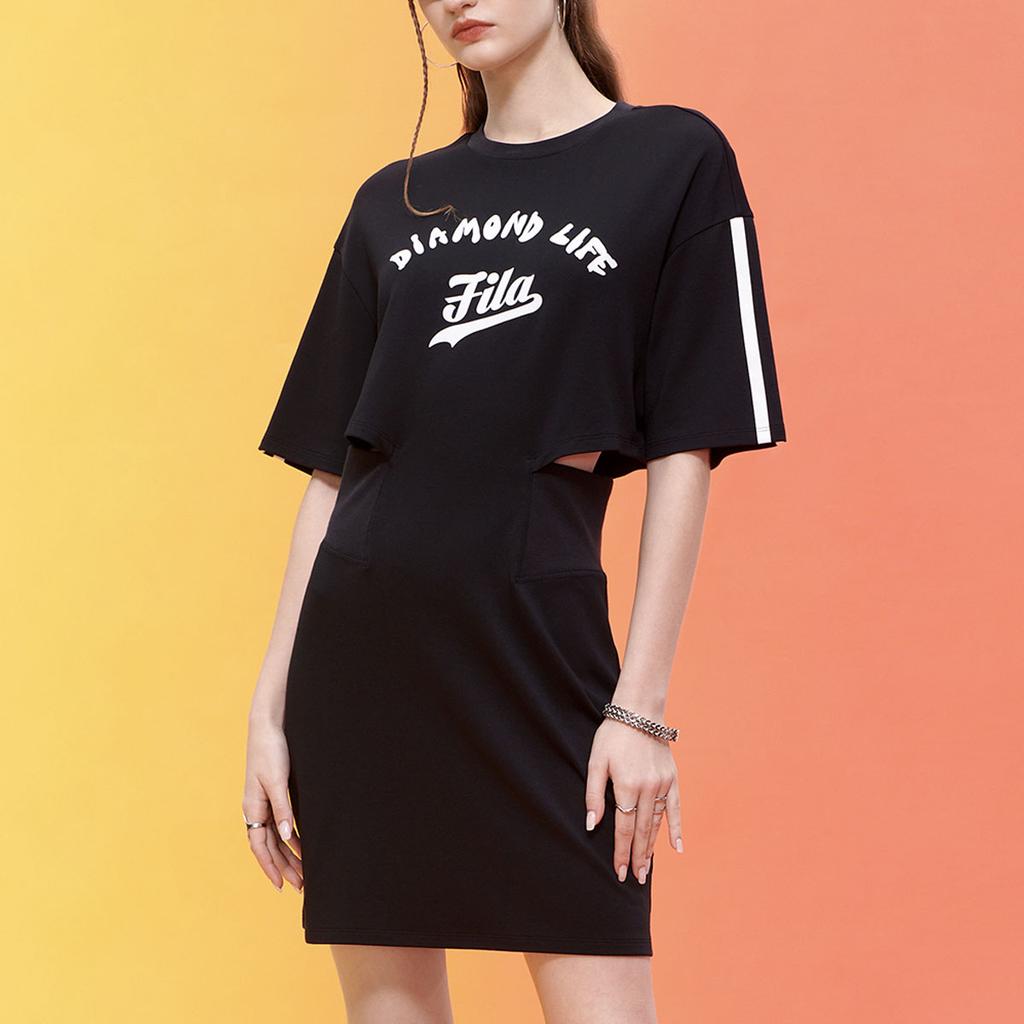 Fila Fusion Inline Letter Print Trendy Sports Slim Fit Short Sleeve Dress Women Dresses Black T11W332306F-BK