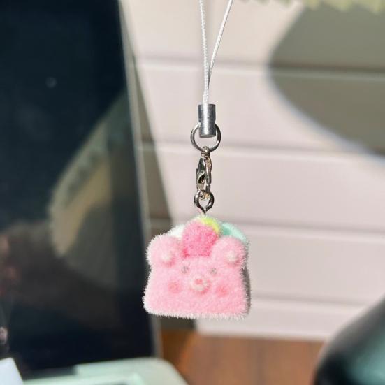 Decorative Pendant with Lanyard Flocked Cake Dog Pig Bear Shape Keychain Bag Charm Mobile Phone Hanging Ornament