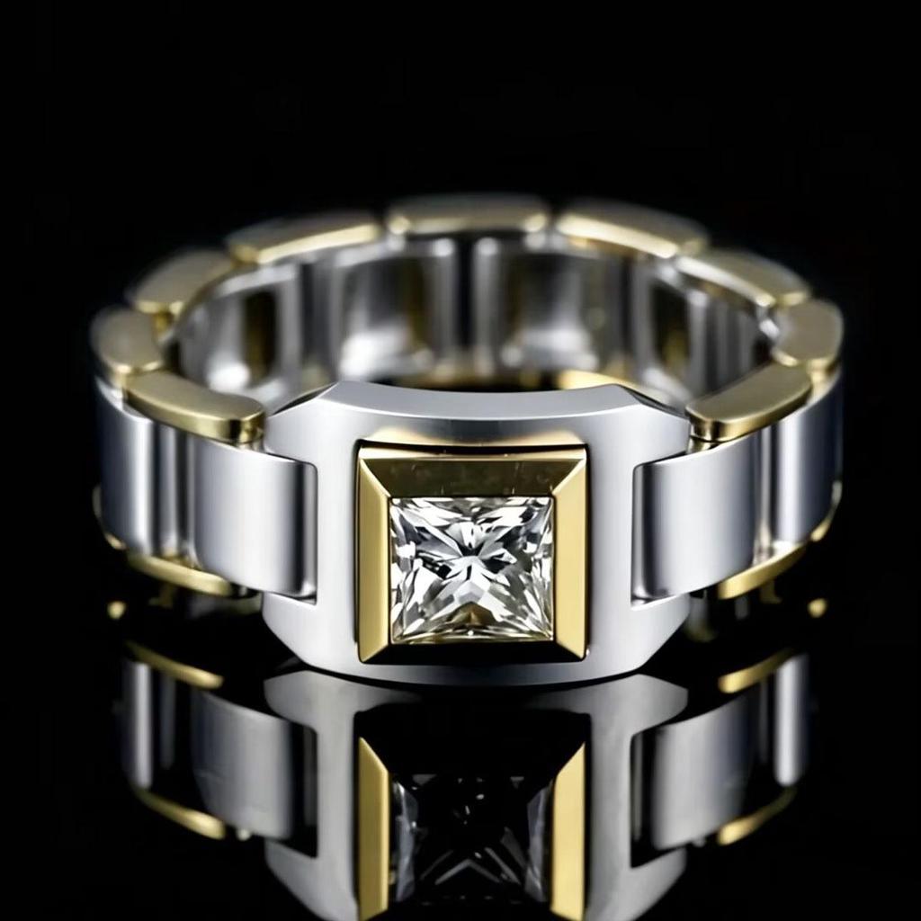 Two-Tone Steel and Gold Men's Luxury Wristwatch-Style Ring