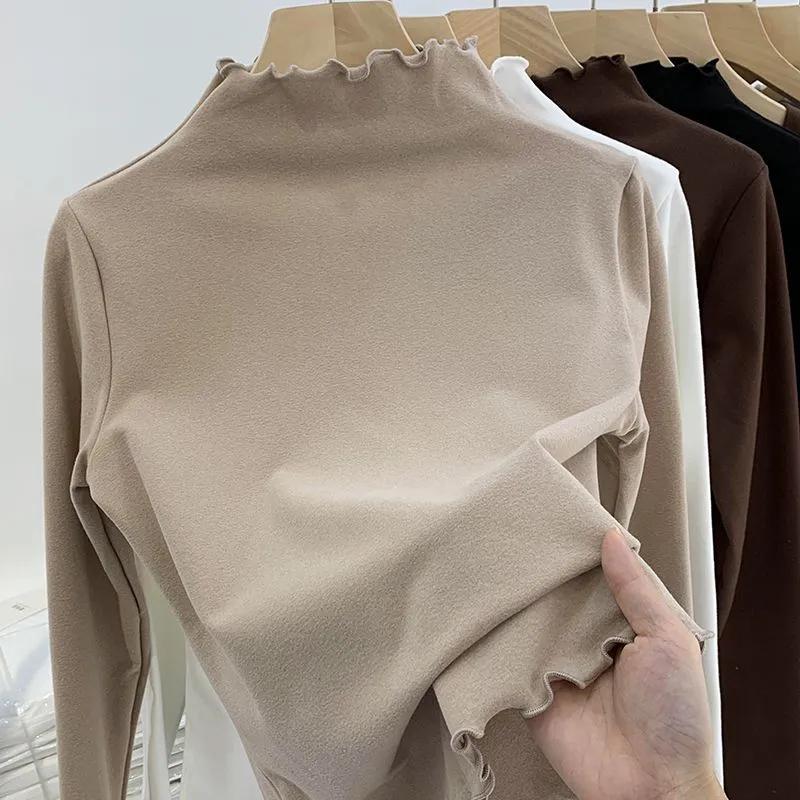 Women's Autumn Winter Fleece Lined Plus Size Tops Long Sleeve Turtleneck Velvet Base T-shirt