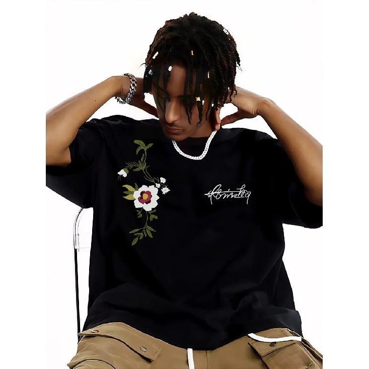 

Американский Хай-стрит Цветочная вышивка Короткий рукав Мужская Модный бренд Тяжелая футболка Пара Черный Высококлассный Топ с половиной рукава Унисекс 3XL чёрный