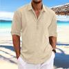Men Linen Blend Half Button Long Sleeve Henley Shirt Roll Up Sleeve Casual Beach Top